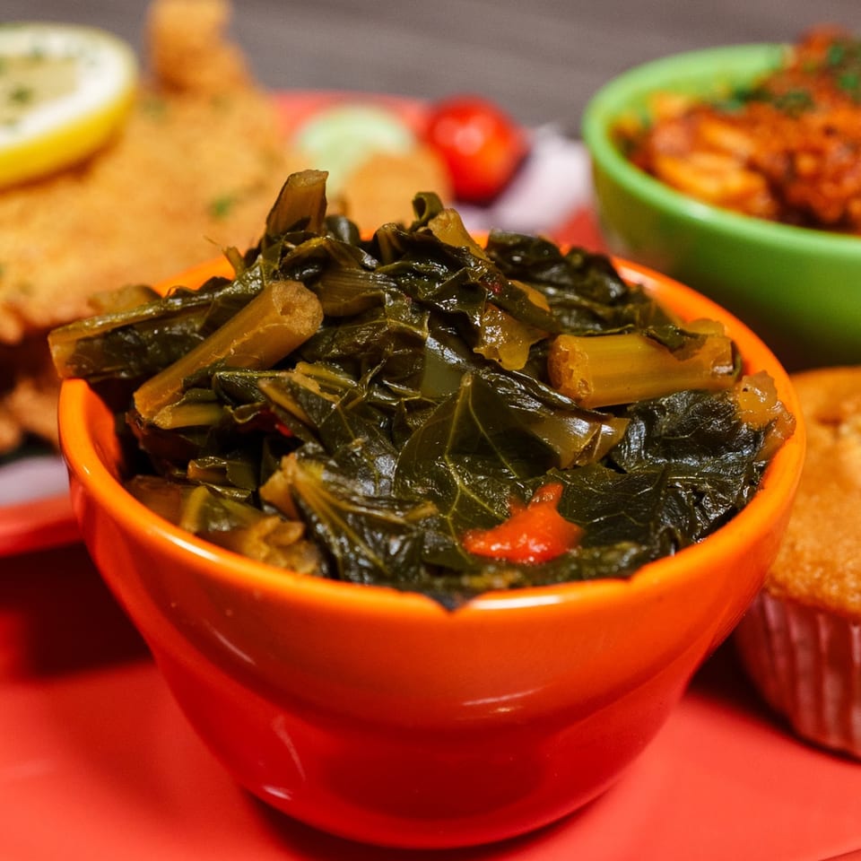 A vibrant orange bowl filled with dark green collard greens, a soul food staple.