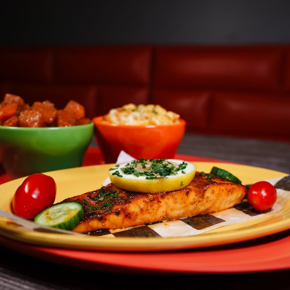 Soul food salmon with lemon, cherry tomatoes, and cucumber, with sides of candied yams and mac and cheese.