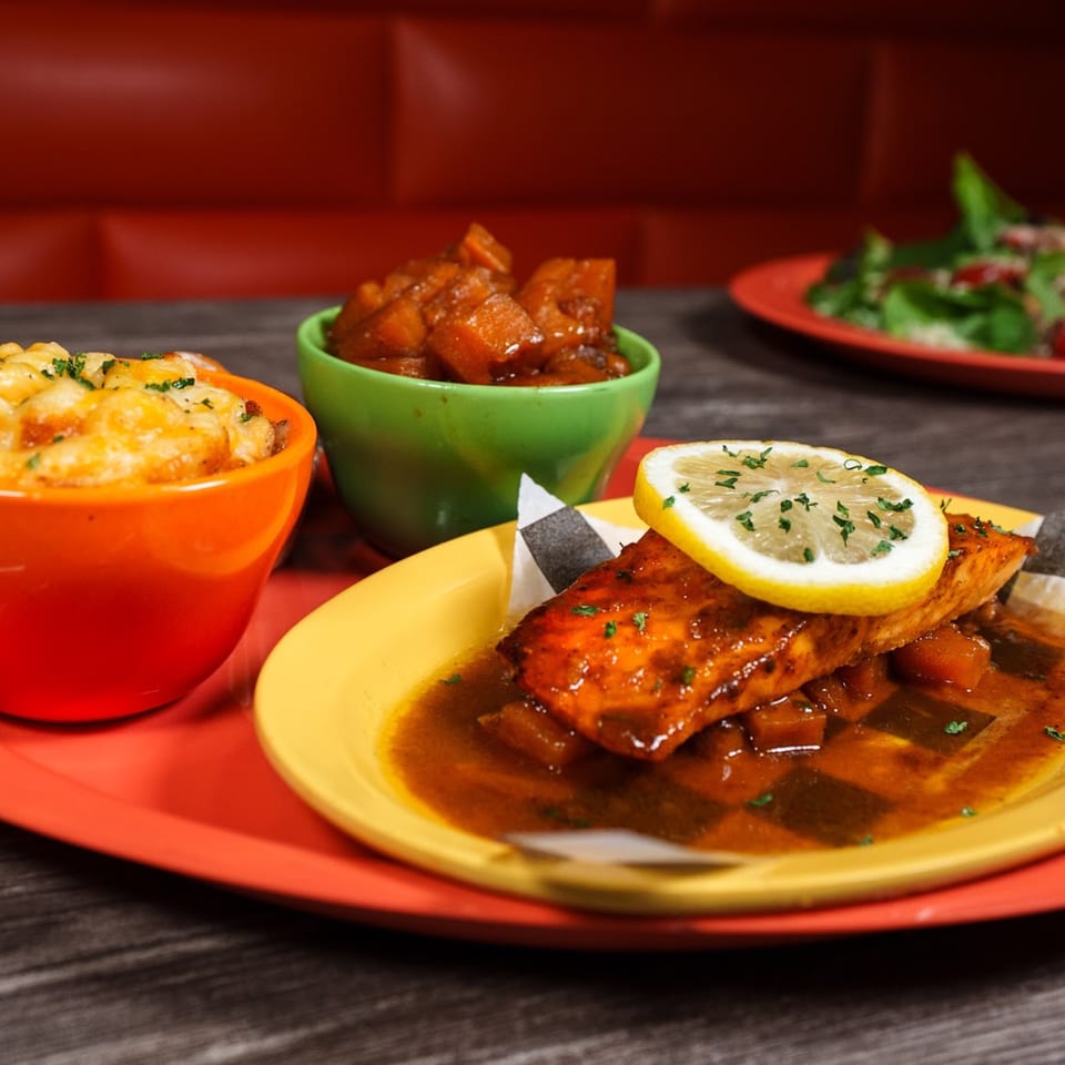 Soul food meal with salmon, mac and cheese, and candied yams on colorful plates.